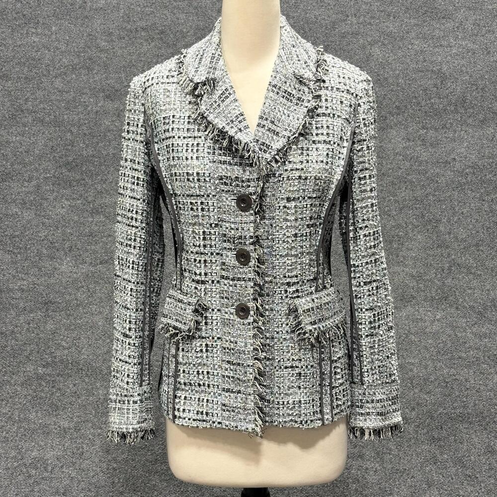 St. John Blazer Womens 4 Black Tweed Fringe Silk Trim Jacket Tailored Workwear